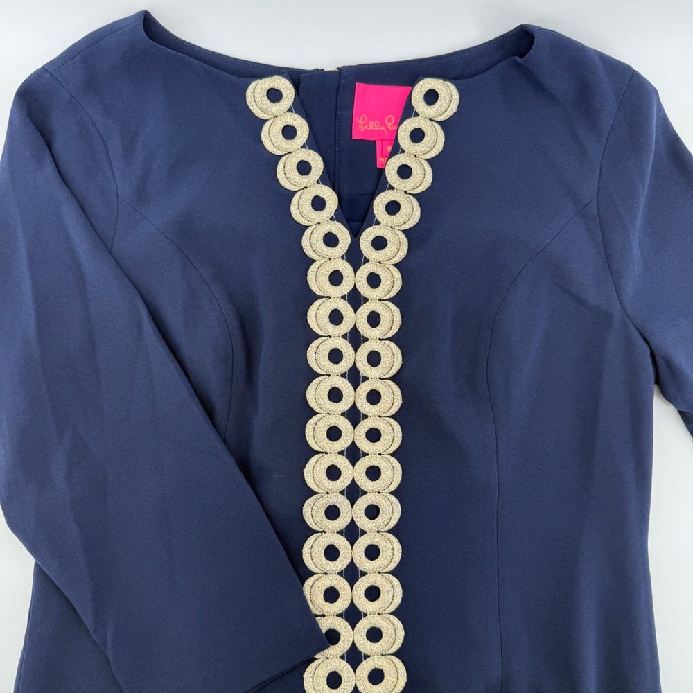 Lilly Pulitzer Breakers Dress True Navy Gold Corded Applique Shift 8 NEW